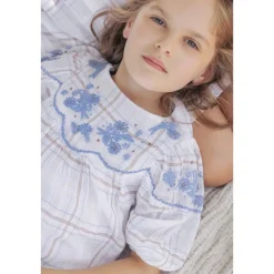 Broderad Rutig Blus Vit><noscript><img width=
