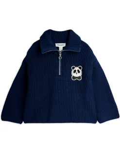 GOTS Panda Chunky Stickad Tröja Med Halv Dragkedja>Mini Rodini Sale