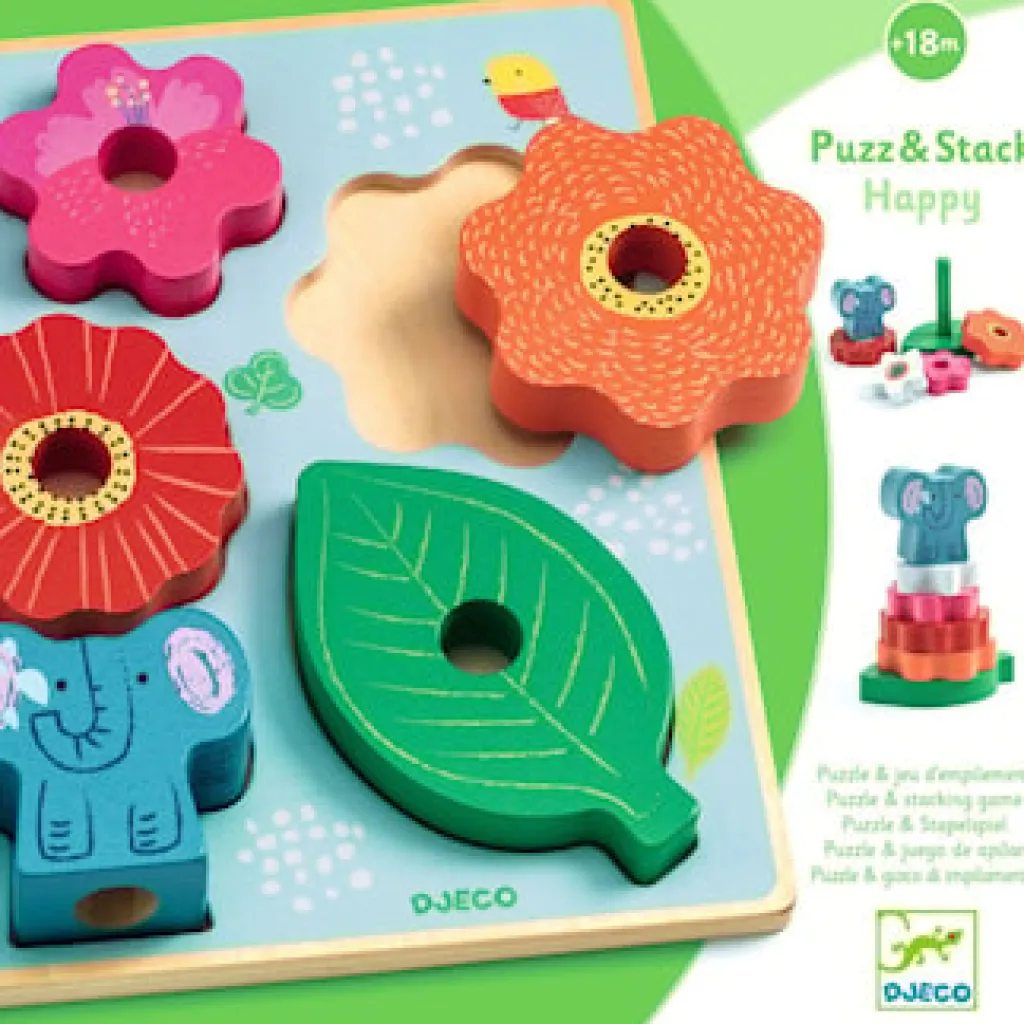 Puzz & Stack Happy 2-i-1 Avlastningspussel Och Stapelbar Leksak>Djeco Sale