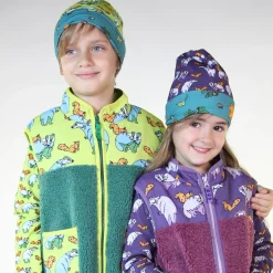Reversible beanie with badger, fox and Fall leaves Loganberry><noscript><img width=