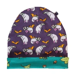 Reversible beanie with badger, fox and Fall leaves Loganberry><noscript><img width=