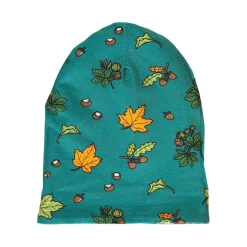 Reversible beanie with badger, fox and Fall leaves Loganberry><noscript><img width=