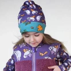 Reversible beanie with badger, fox and Fall leaves Loganberry><noscript><img width=