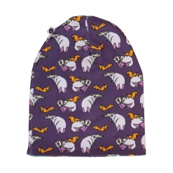 Reversible beanie with badger, fox and Fall leaves Loganberry><noscript><img width=
