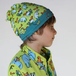 Reversible beanie with badger, fox and Fall leaves Pear Green>Småfolk Best