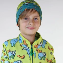 Reversible beanie with badger, fox and Fall leaves Pear Green><noscript><img width=