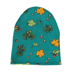 Reversible beanie with badger, fox and Fall leaves Pear Green><noscript><img width=
