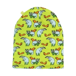 Reversible beanie with badger, fox and Fall leaves Pear Green><noscript><img width=