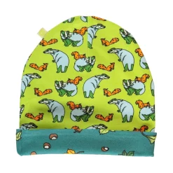 Reversible beanie with badger, fox and Fall leaves Pear Green><noscript><img width=